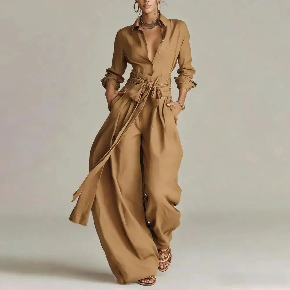 Women's linen long-sleeve shirt and tie-waist womens wide leg pants set – Khaki