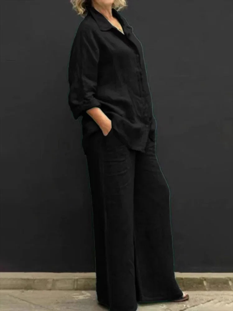 Women's linen matching set with long-sleeve shirt and womens wide leg pants – Black