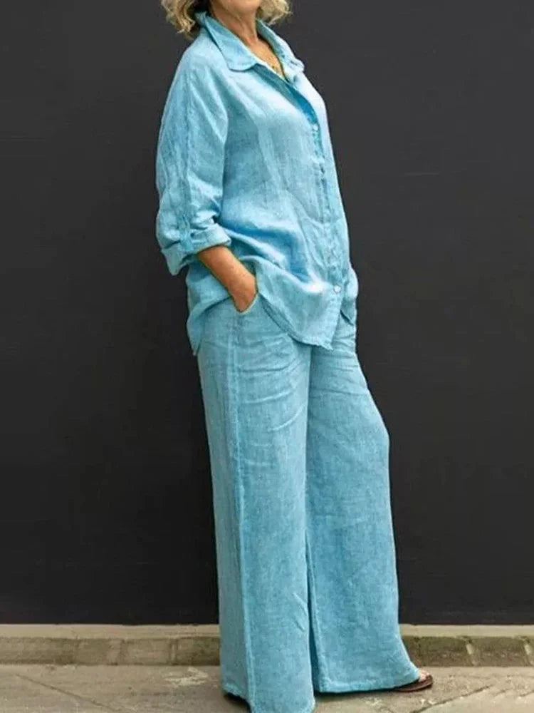 Women's linen matching set with long-sleeve shirt and womens wide leg pants – Blue