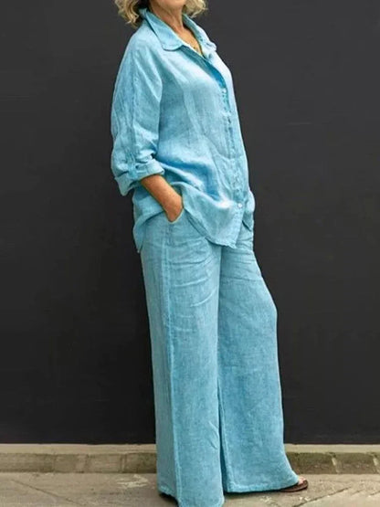 Women's linen matching set with long-sleeve shirt and womens wide leg pants – Blue