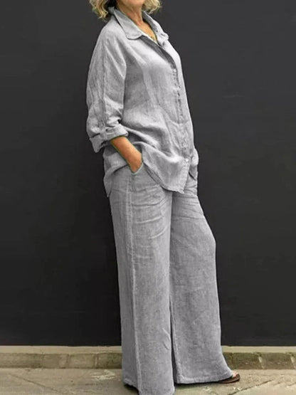 Women's linen matching set with long-sleeve shirt and womens wide leg pants – Grey