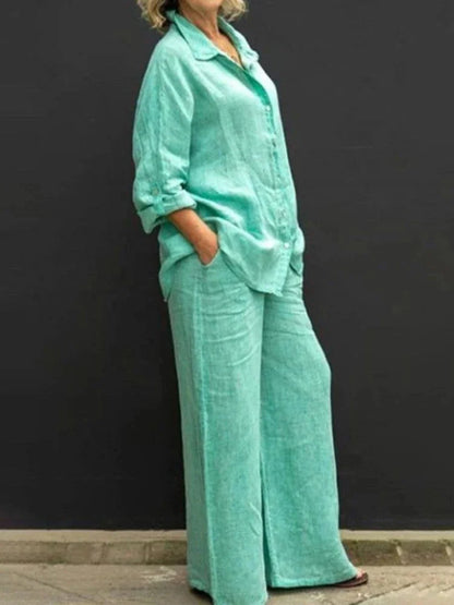 Women's linen matching set with long-sleeve shirt and womens wide leg pants – Green