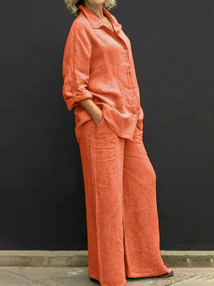 Women's linen matching set with long-sleeve shirt and womens wide leg pants – Orange