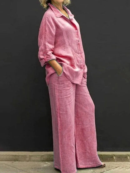 Women's linen matching set with long-sleeve shirt and womens wide leg pants – Pink