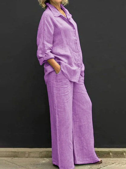 Women's linen matching set with long-sleeve shirt and womens wide leg pants – Purple