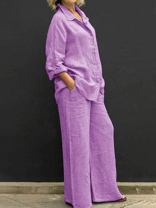 Women's linen matching set with long-sleeve shirt and womens wide leg pants – Purple