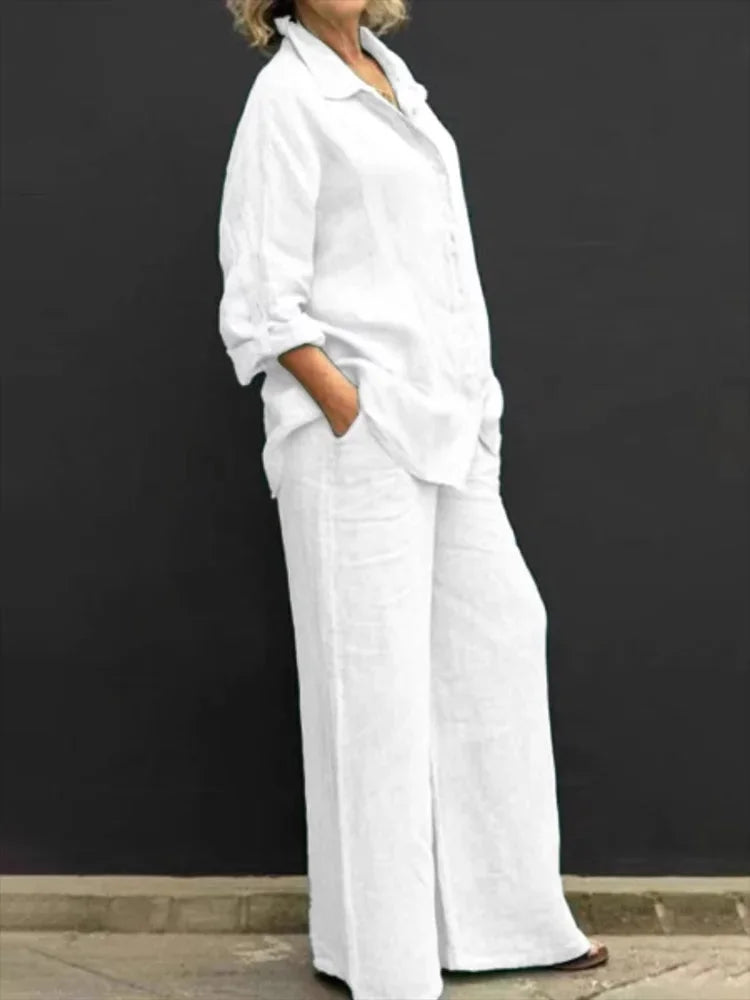 Women's linen matching set with long-sleeve shirt and womens wide leg pants – White
