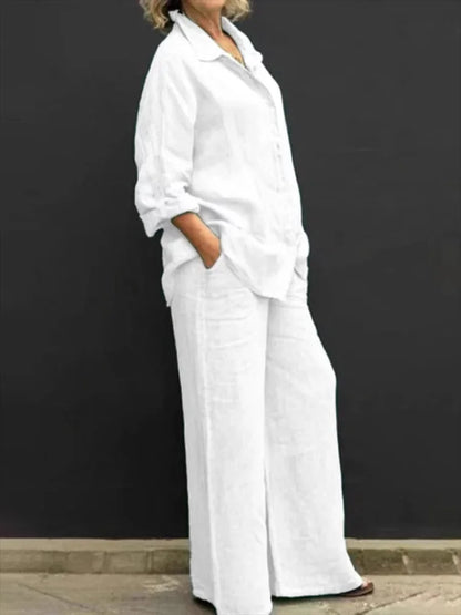 Women's linen matching set with long-sleeve shirt and womens wide leg pants – White