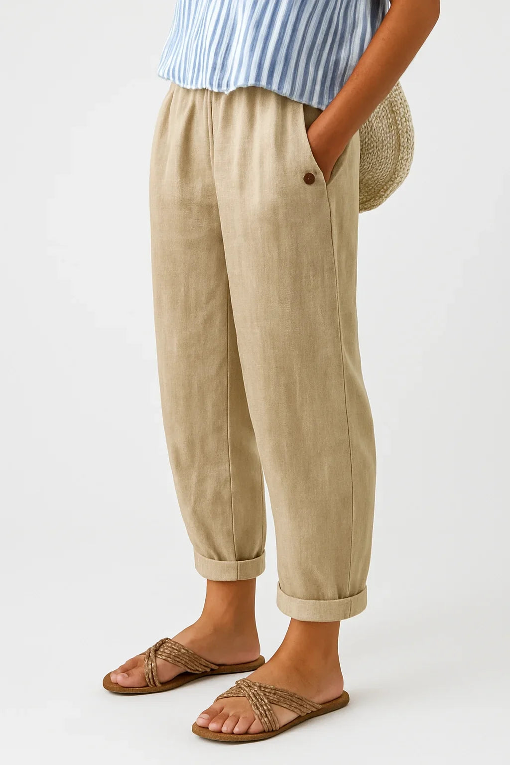 Women's linen relaxed fit cropped pants with elastic waist and side pockets – Beige
