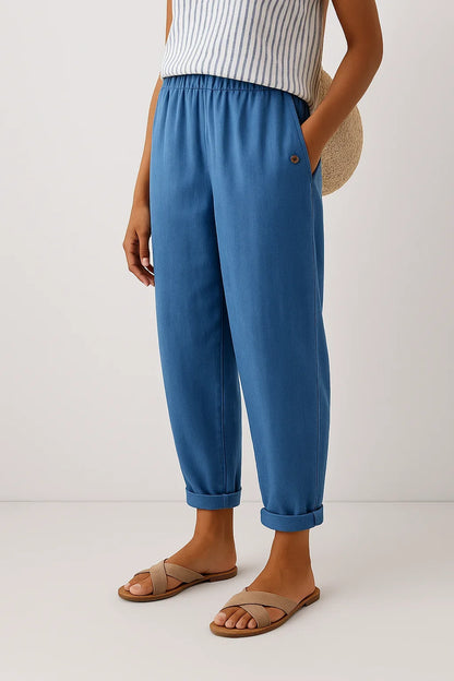 Women's linen relaxed fit cropped pants with elastic waist and side pockets – Blue