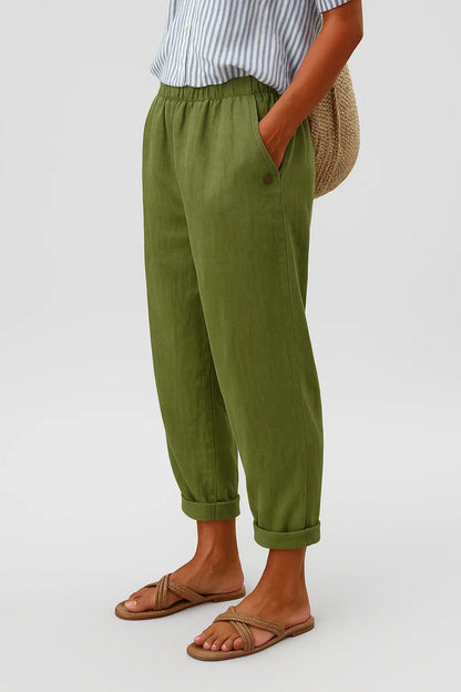 Women's linen relaxed fit cropped pants with elastic waist and side pockets – Green