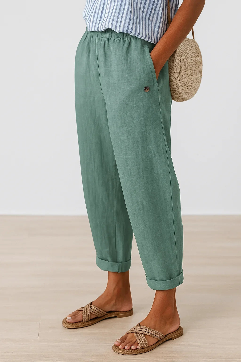 Women's linen relaxed fit cropped pants with elastic waist and side pockets – Light Green