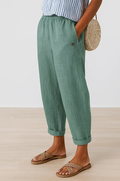 Women's linen relaxed fit cropped pants with elastic waist and side pockets – Light Green