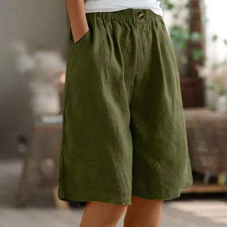 Women's linen relaxed-fit knee-length shorts with elastic waist and side pockets – Army Green