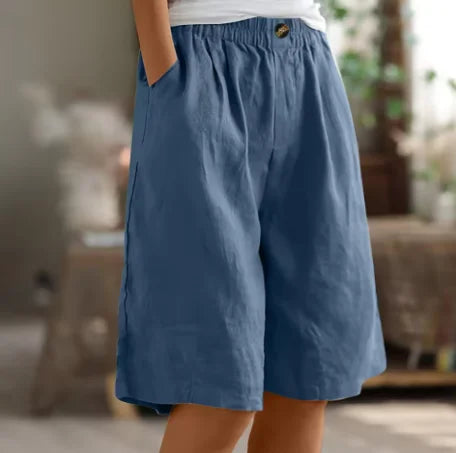 Women's linen relaxed-fit knee-length shorts with elastic waist and side pockets – Blue