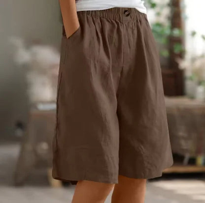 Women's linen relaxed-fit knee-length shorts with elastic waist and side pockets – Brown