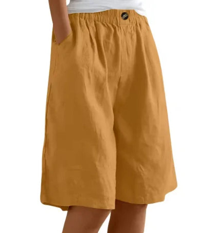 Women's linen relaxed-fit knee-length shorts with elastic waist and side pockets – Earthy Yellow