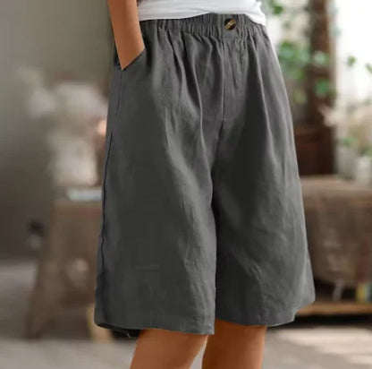 Women's linen relaxed-fit knee-length shorts with elastic waist and side pockets – Grey