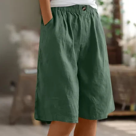 Women's linen relaxed-fit knee-length shorts with elastic waist and side pockets – Green
