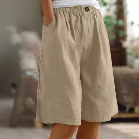 Women's linen relaxed-fit knee-length shorts with elastic waist and side pockets – Khaki