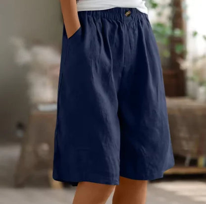 Women's linen relaxed-fit knee-length shorts with elastic waist and side pockets – Navy Blue