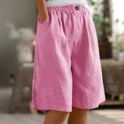 Women's linen relaxed-fit knee-length shorts with elastic waist and side pockets – Pink