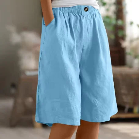 Women's linen relaxed-fit knee-length shorts with elastic waist and side pockets – Sky Blue