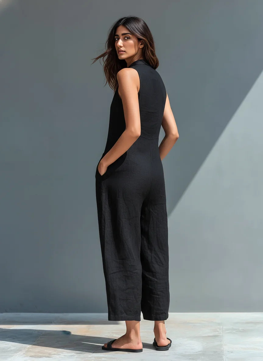 Women's linen sleeveless jumpsuit with button-front and womens wide leg pants