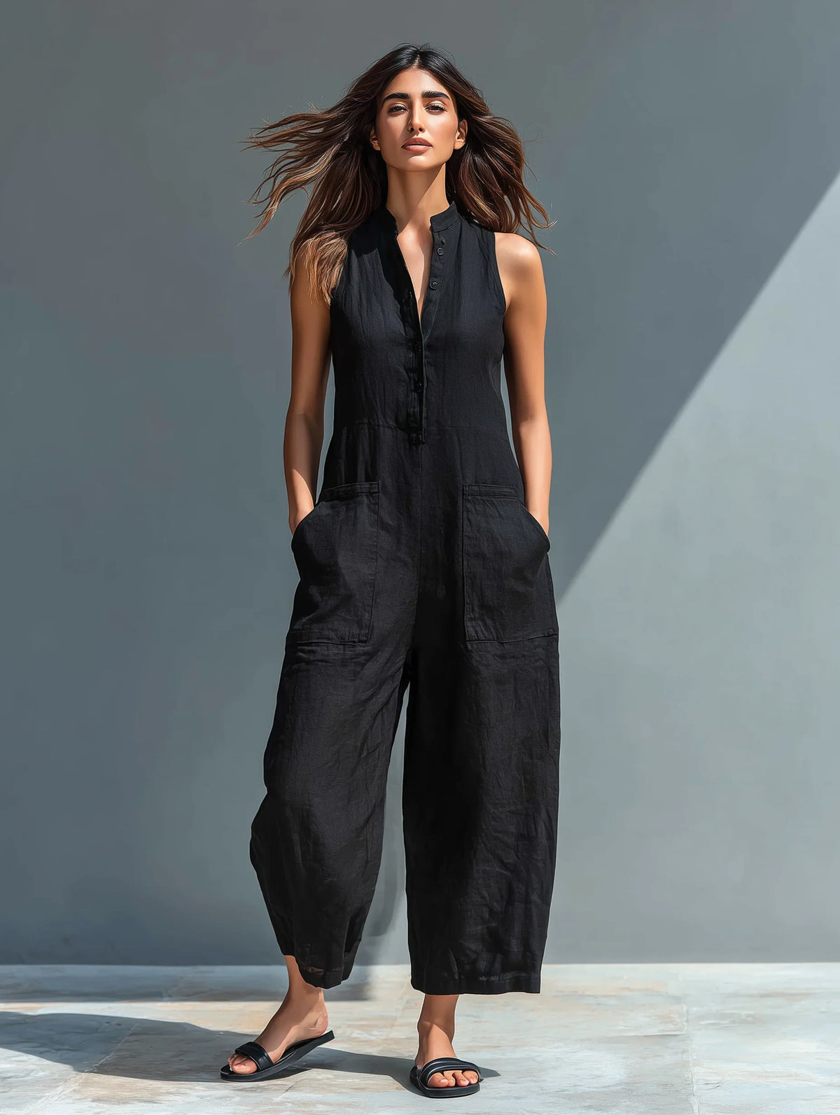 Women's linen sleeveless jumpsuit with button-front and womens wide leg pants – Black