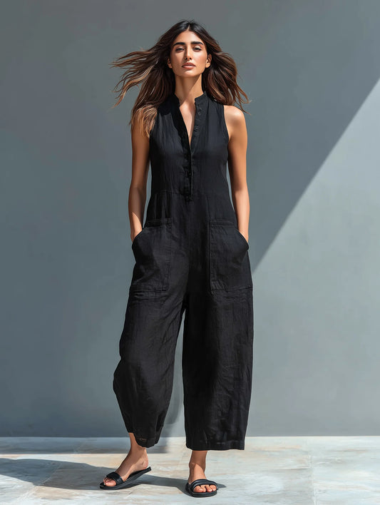 Women's linen sleeveless jumpsuit with button-front and womens wide leg pants – Black