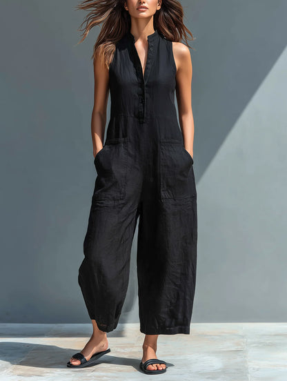 Women's linen sleeveless jumpsuit with button-front and womens wide leg pants