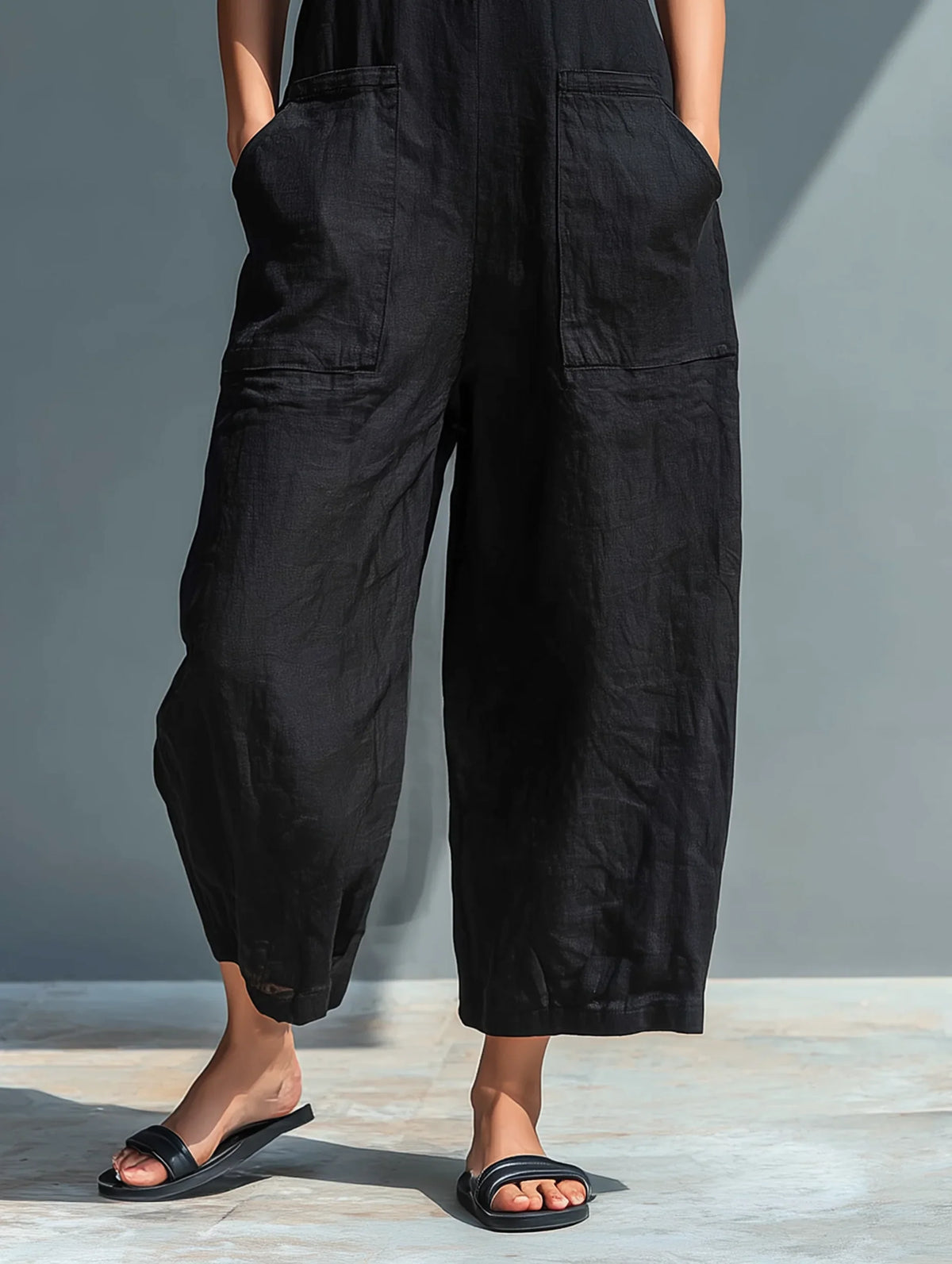 Women's linen sleeveless jumpsuit with button-front and womens wide leg pants