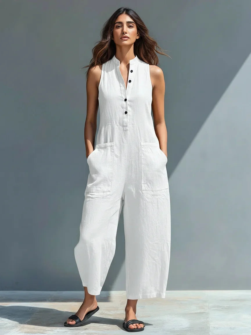 Women's linen sleeveless jumpsuit with button-front and womens wide leg pants – White