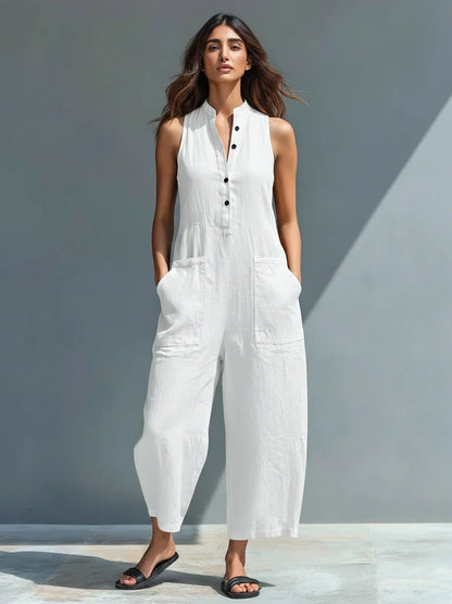 Women's linen sleeveless jumpsuit with button-front and womens wide leg pants – White