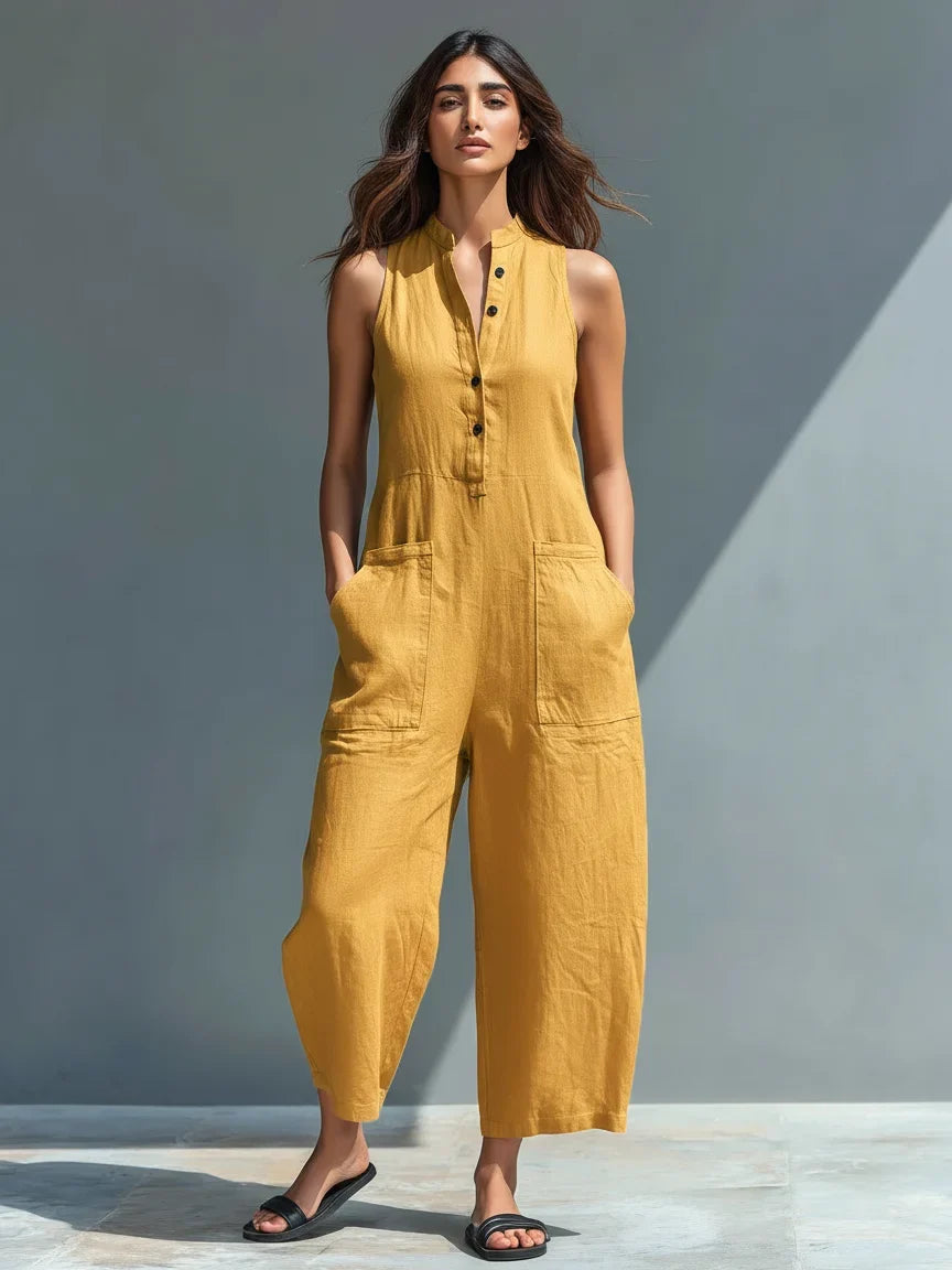 Women's linen sleeveless jumpsuit with button-front and womens wide leg pants – Yellow