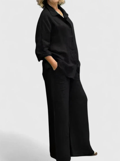 Women's linen two-piece set with button-down shirt and womens wide leg pants – Black
