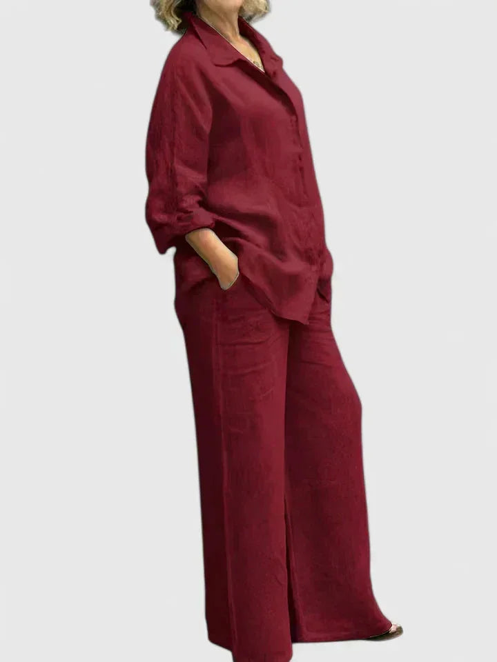 Women's linen two-piece set with button-down shirt and womens wide leg pants – Burgundy