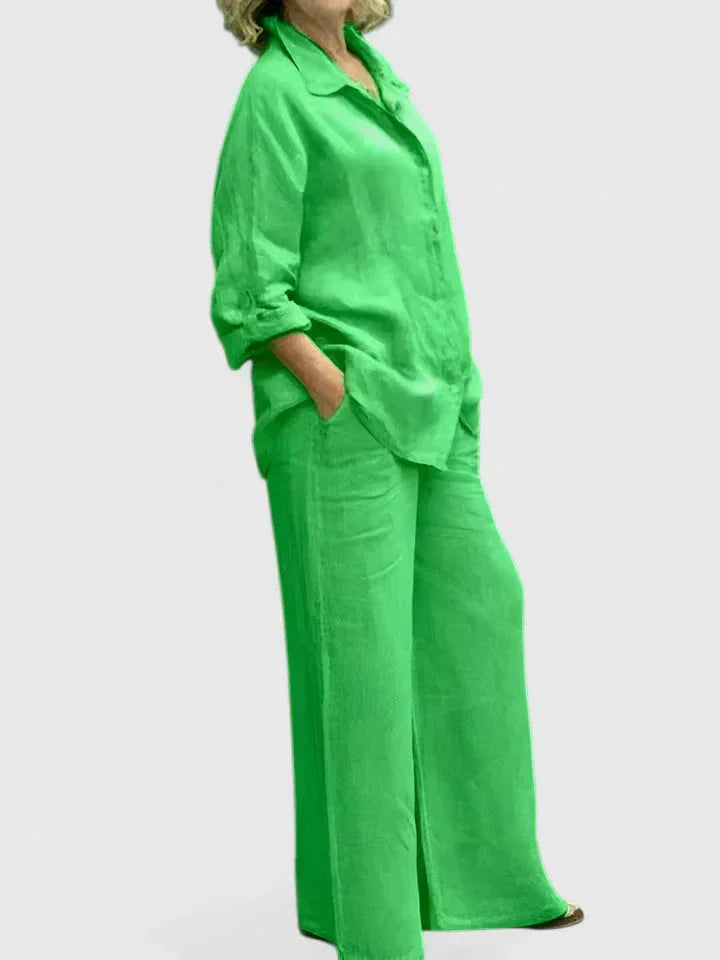 Women's linen two-piece set with button-down shirt and womens wide leg pants – Deep Green