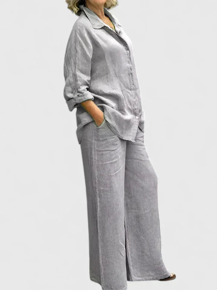 Women's linen two-piece set with button-down shirt and womens wide leg pants – Grey