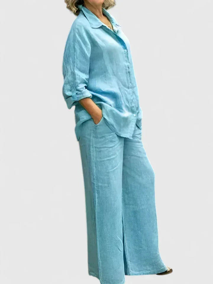 Women's linen two-piece set with button-down shirt and womens wide leg pants – Lake Blue