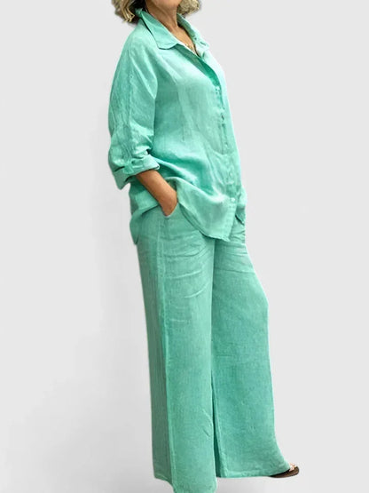 Women's linen two-piece set with button-down shirt and womens wide leg pants – Light Green