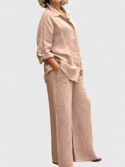 Women's linen two-piece set with button-down shirt and womens wide leg pants
