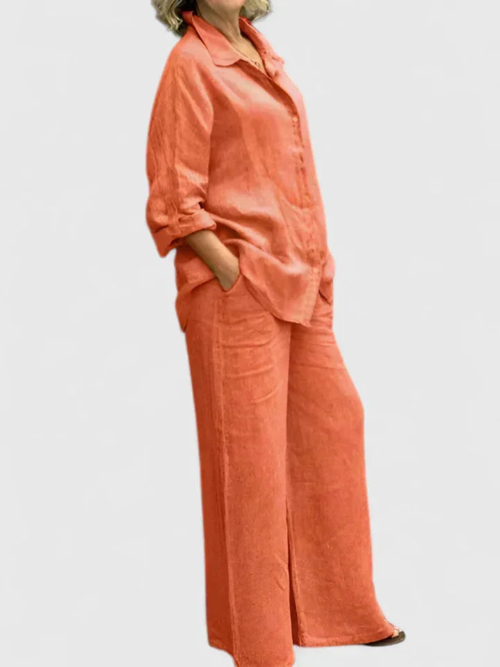 Women's linen two-piece set with button-down shirt and womens wide leg pants – Orange