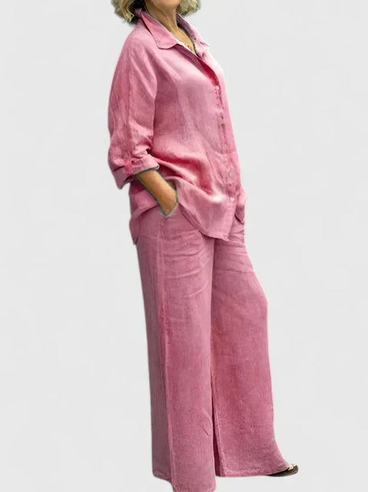 Women's linen two-piece set with button-down shirt and womens wide leg pants – Pink