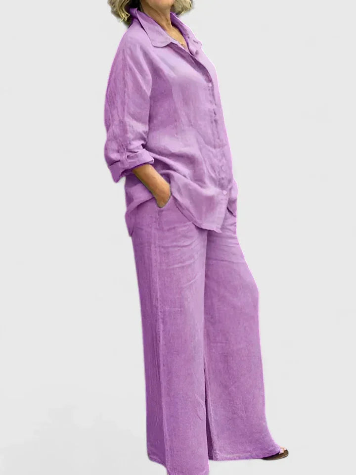 Women's linen two-piece set with button-down shirt and womens wide leg pants – Purple