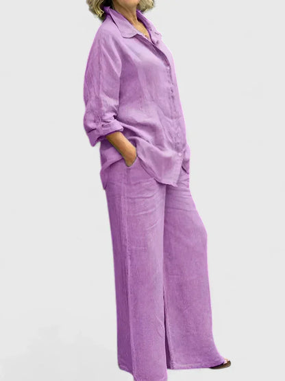 Women's linen two-piece set with button-down shirt and womens wide leg pants – Purple
