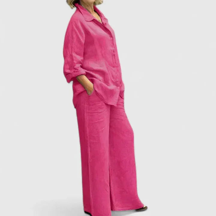 Women's linen two-piece set with button-down shirt and womens wide leg pants – Rose Red