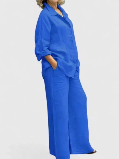 Women's linen two-piece set with button-down shirt and womens wide leg pants – Royal Blue
