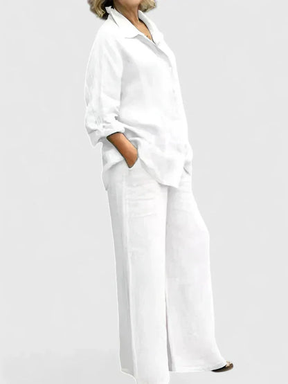 Women's linen two-piece set with button-down shirt and womens wide leg pants – White
