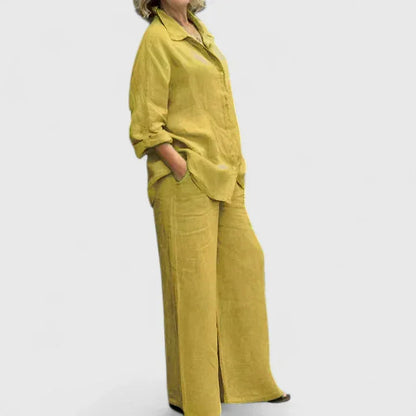 Women's linen two-piece set with button-down shirt and womens wide leg pants – Yellow